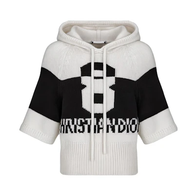 (Women) DIOR FW22 White Cashmere Knit Hoodie with Logo Pattern Print. 254S56AM121-X9330