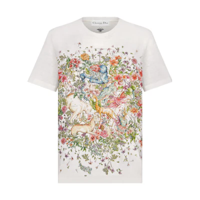 (Women) DIOR FW22 White Tee with Floral and Animal Print. 243T12A4456-X0877