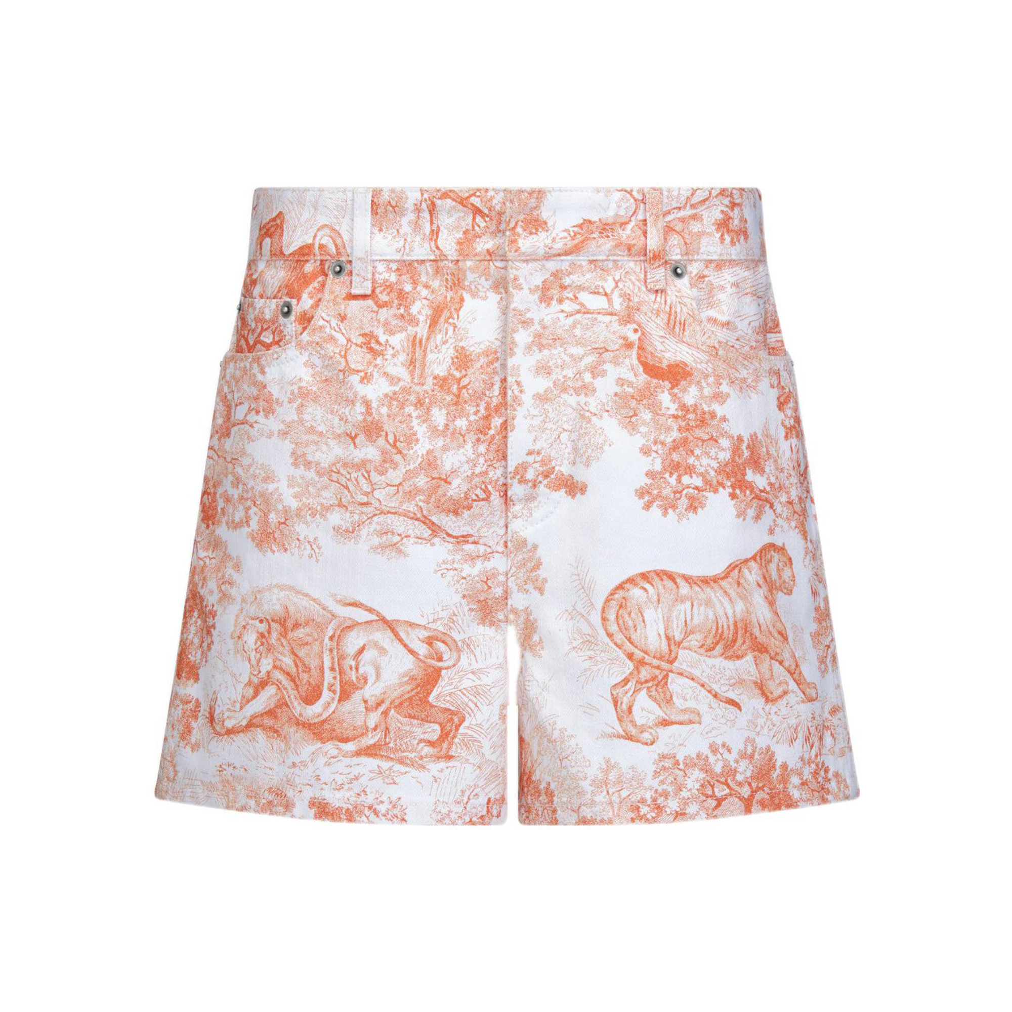 (Women) DIOR FW22 Dioriviera  Orange Animal Print Straight Denim Shorts. 242P26A3526-X2825