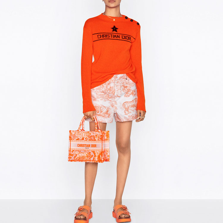 Shop (W) DIOR FW22 Dioriviera Celana Pendek Denim Motif Hewan Oranye. 242P26A3526-X2825