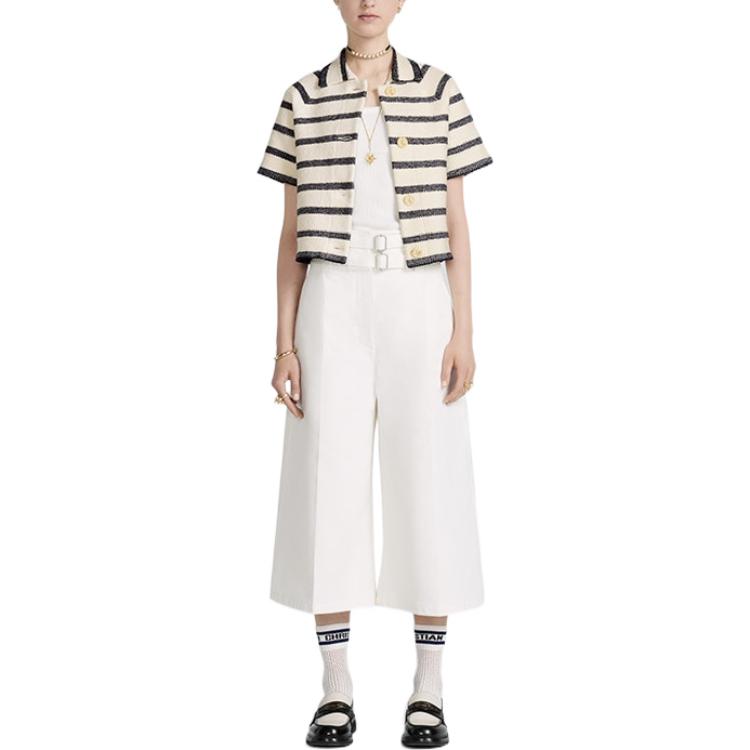 Shop (Women) Dior FW22 Striped Single-Breasted Short-Sleeve Jacket Off-White 314V13AM726-X5855