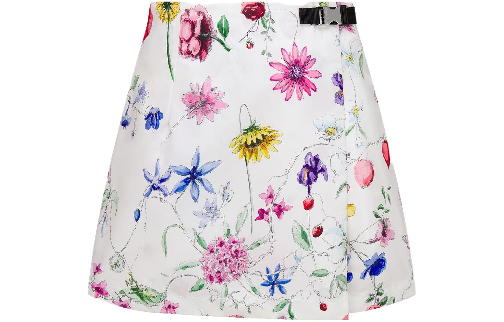 (Women) DIOR FW23  White Floral Print Buckle Casual Mini Skirt. 357P15A2263-X0834