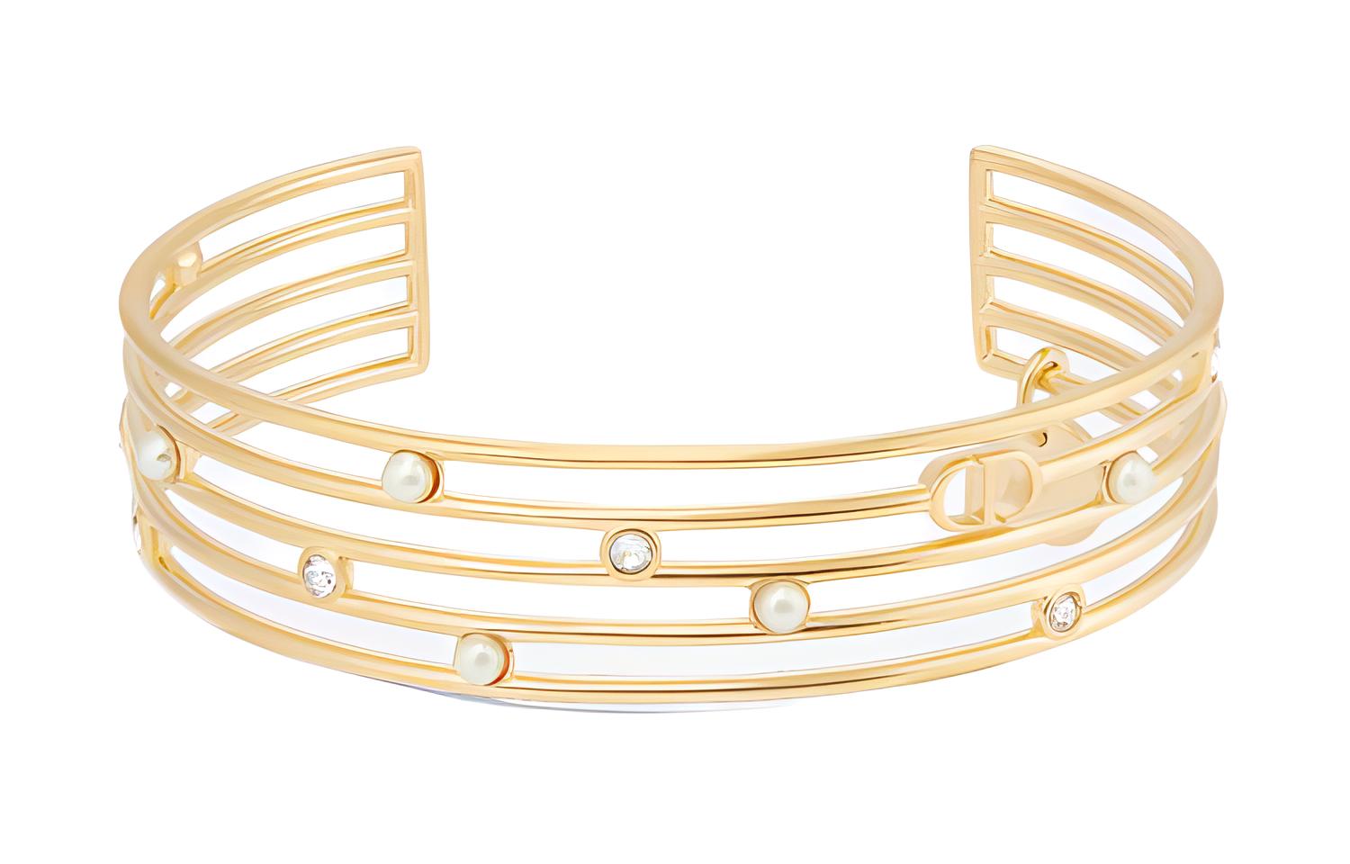 (Women) DIOR Gold Bracelet with Cutout Design, Metal, Resin, Pearls & Crystals for Women. B2415WOMCYD03S