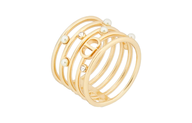 (Women) DIOR Gold Crystal Pearl Metal Openwork Ring for Women. R2142WOMCY_D03S