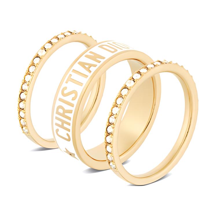 (Women) DIOR Gold Finish Metal Ring Set with Crystals and White Details for Women. R1256ODELQ-D03S