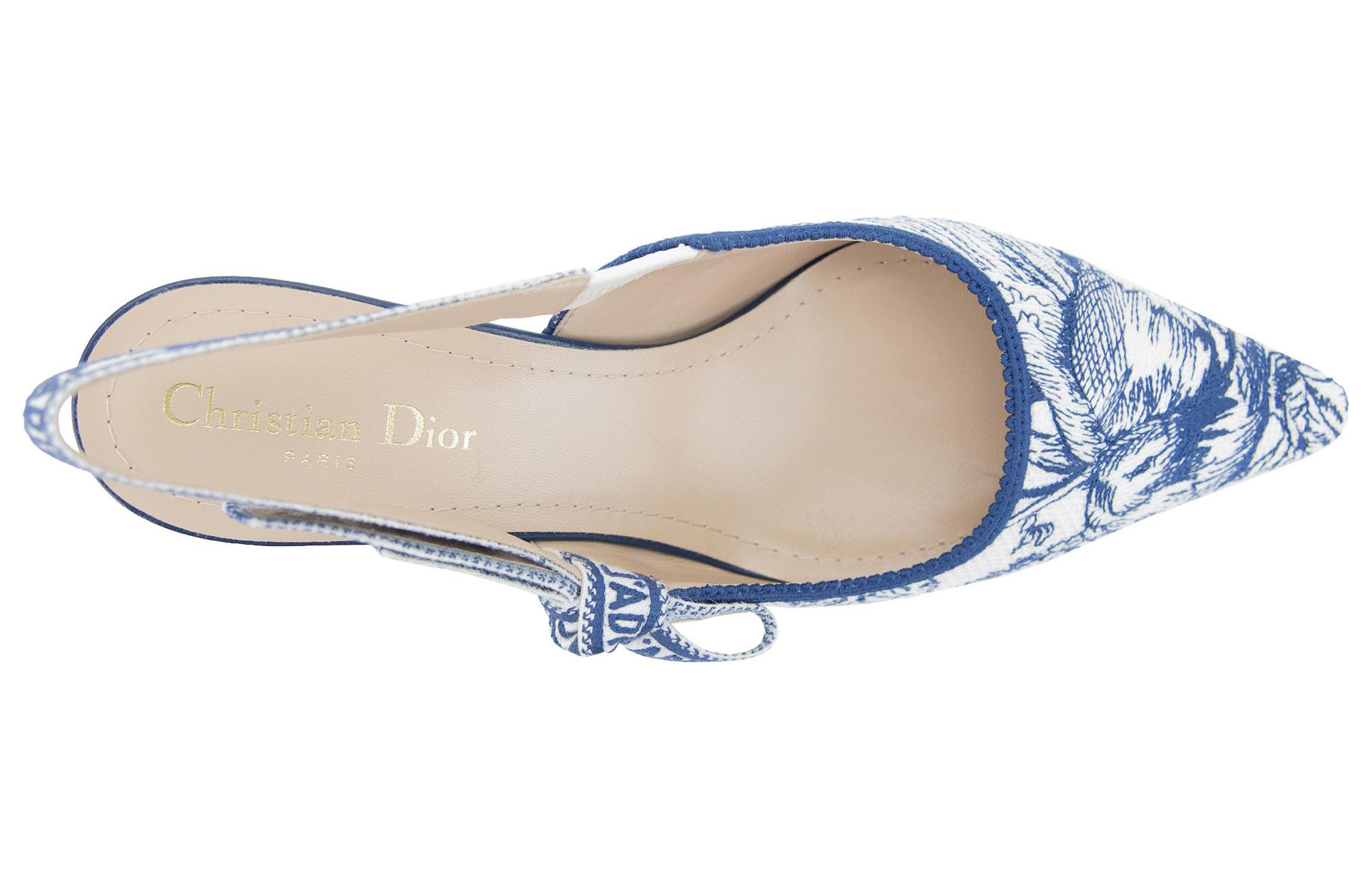 Shop DIOR迪奧 J'Adior 棉布 刺繡 細跟 高筒鞋 女款 白藍色