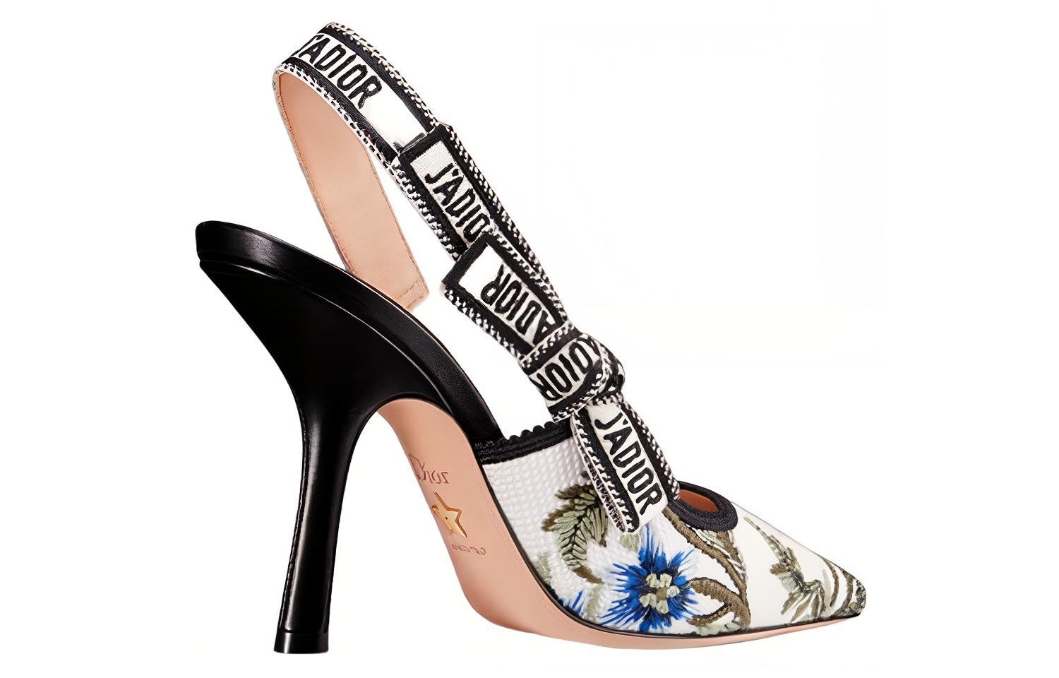 Shop DIOR 迪奧 J'Adior 棉布 刺繡 露跟 細跟 高跟鞋 女款 白色