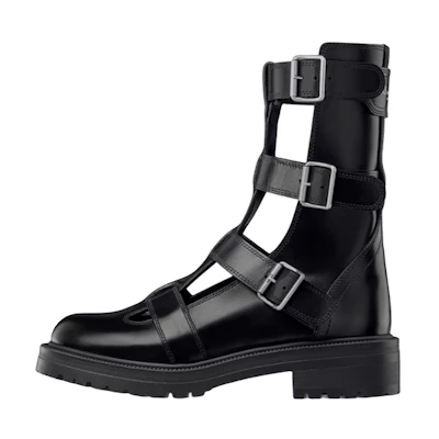 (W) Dior Leather Round Toe Buckle Short Boot 'Black'