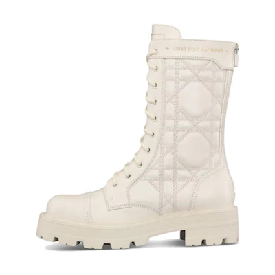 (W) Dior Leather Round Toe Lace-Up Chunky Heel Ankle Boot 'White'