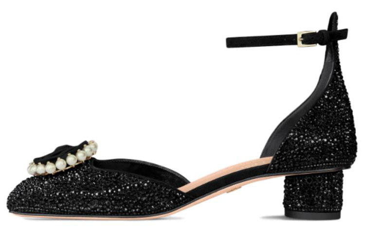 Buy DIOR 迪奧 皮革 方頭搭扣 粗跟 高跟鞋 3.5cm 女款 黑色