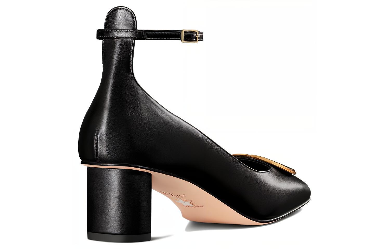 Shop (W) Dior Kasut Tumit Blok Persegi Kulit dengan Kepala Tali 'Hitam' KDV136VSO_S900