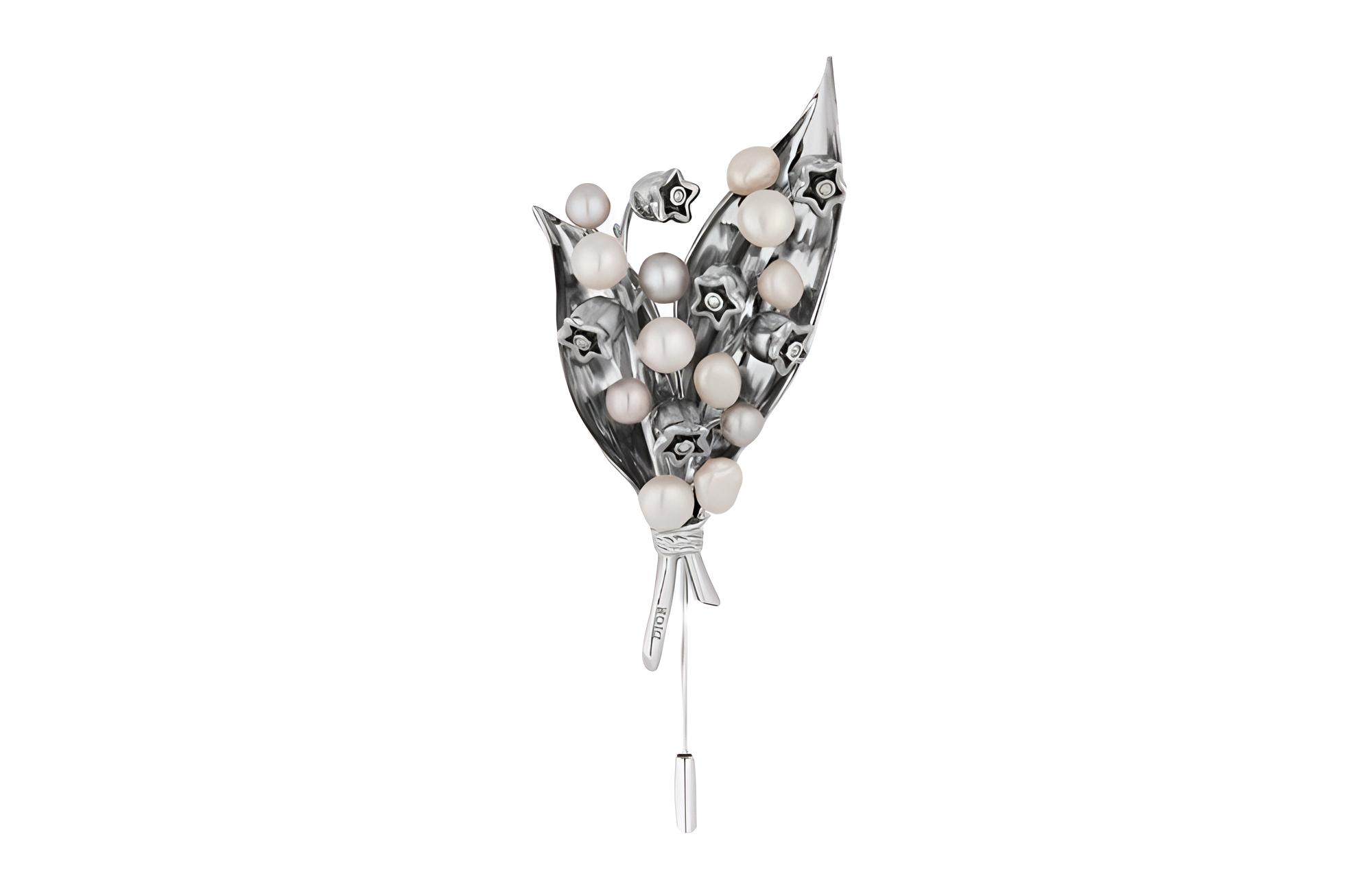 (Women) Dior Lily of the Valley Brooch Silver Brass Pearl Accent for Women. V1013HOMGM-D009