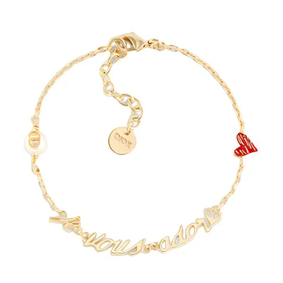 (Women) DIOR Limited Red Heart Pearl Letter Design Metal Bracelet Women Gold B2545WOMLQ_D309