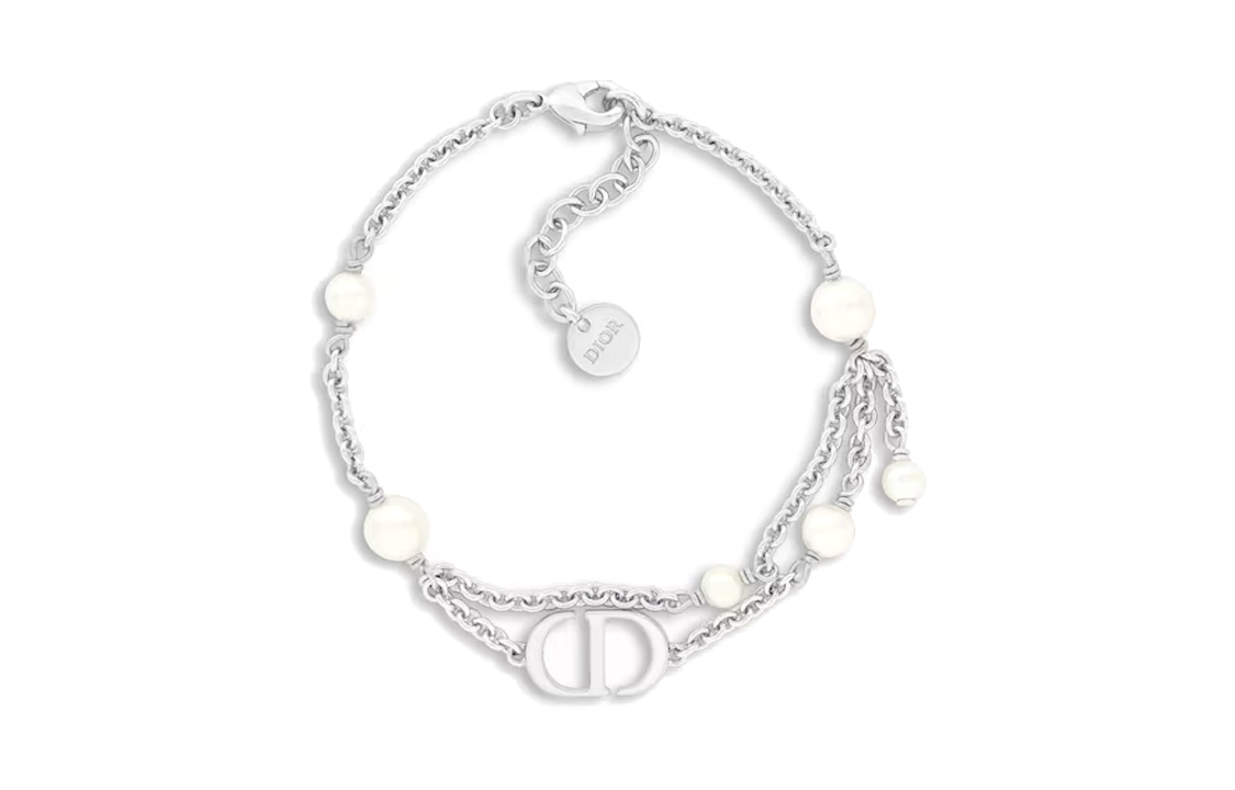 (Women) DIOR Logo Pendant Resin Pearl Metal  Bracelet - Silver. B2068WOMRSD009