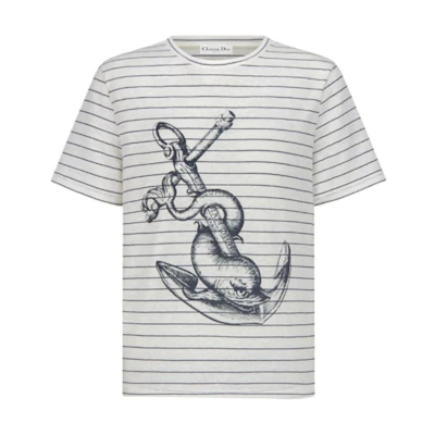 (Women) DIOR Logo Striped Knit Crewneck Short Sleeve T-Shirt SS22 Women Beige. 213T12A4487-X0815