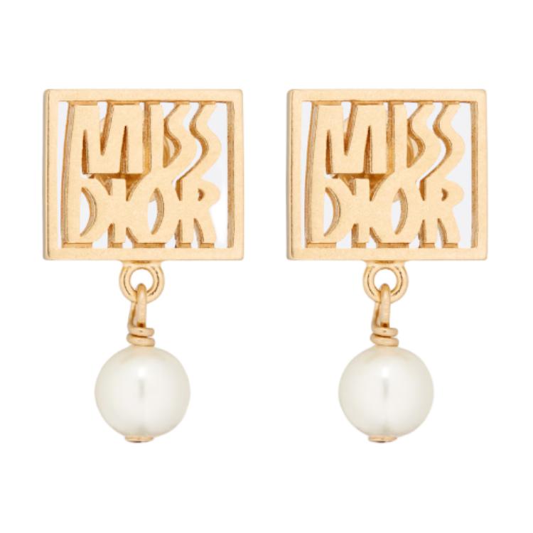 Lookbook (Women) Dior Miss Dior Logo Resin Pearl Gold Stud Earrings for Women. E3559WOMRSD301