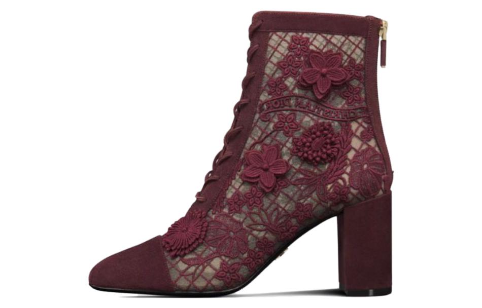 (Women) Dior Naughtily-D 'Sheer Mesh Embroidery with 3D Flower Appliqués' Short Boots 8cm 'Deep Peach Red' KDI952FWU_S24V