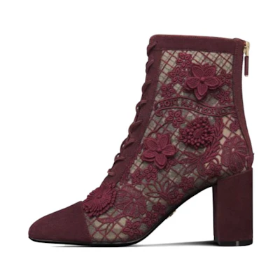 (W) Dior Naughtily-D 'Sheer Mesh Embroidery with 3D Flower Appliqués' Short Boots 8cm 'Deep Peach Red'