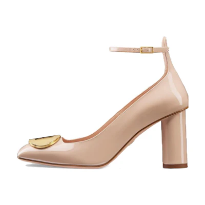 (W) Dior Patent Leather Square Toe Chunky Heel Pumps 'Beige'