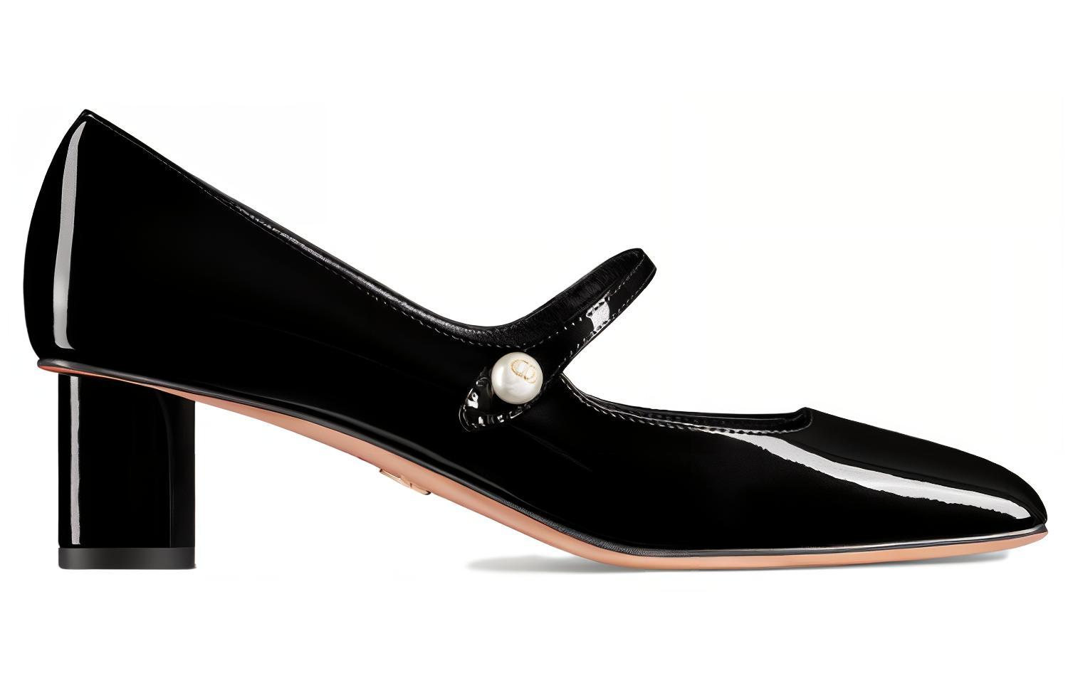 Order (W) Dior Sepatu Hak Tebal 5cm Kulit Paten Hitam dengan Tali Elastis Kotak KCV138VNI_S900