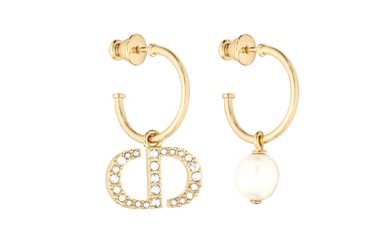 (Women) Dior Petit CD Earrings White Crystals & Resin Beads Gold Women E1548PTCCY-D301