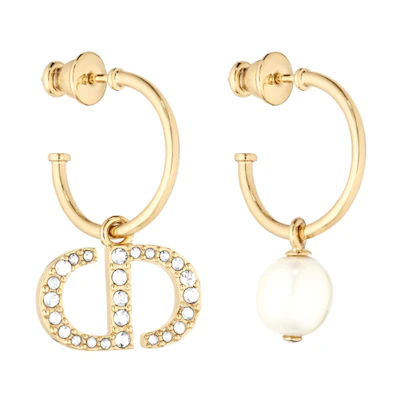 (Women) Dior Petit CD Earrings White Crystals & Resin Beads Gold Women E1548PTCCY-D301