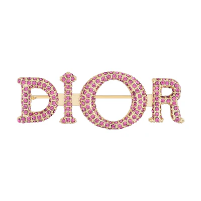 (Women) DIOR Pink Brooch with Gold Finish Metal and Crystal Accents for Women. V1105WOMCY-D37P