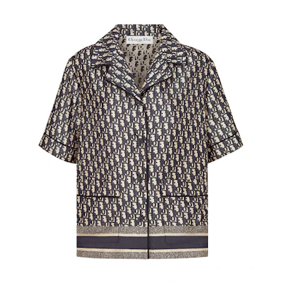 (Women) DIOR Printed Silk Twill Short-Sleeve Shirt Navy Blue 121V46A6608-X5803