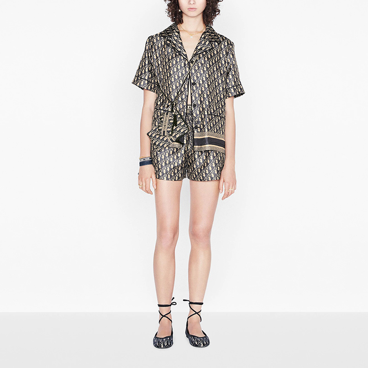 Shop (W) DIOR Kemeja Pendek Sutra Twill Navy Blue. 121V46A6608-X5803