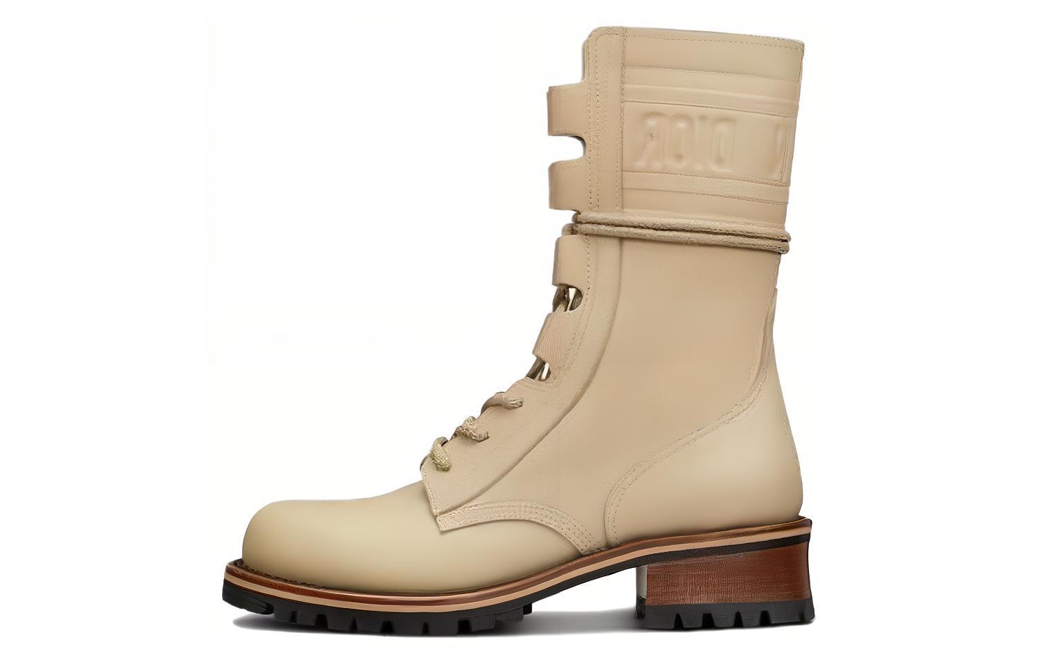 (Women) Dior Quest Leather Round Toe Chunky Heel Lace-Up Ankle Boots 'Beige' KDI668VEA_S16T