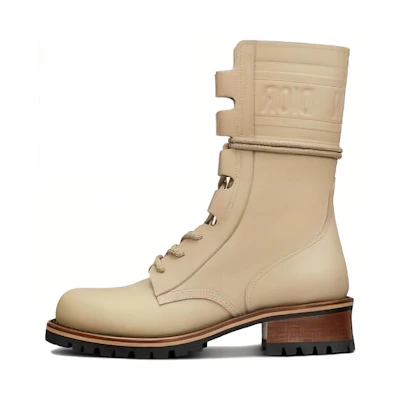 (W) Dior Quest Leather Round Toe Chunky Heel Lace-Up Ankle Boots 'Beige'