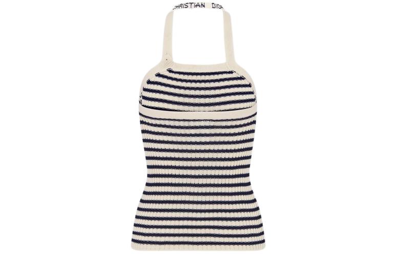 Lookbook (Women) DIOR Riviera FW24 Striped Colorblock Button Knit Vest Women White 444T13AM779-X0853