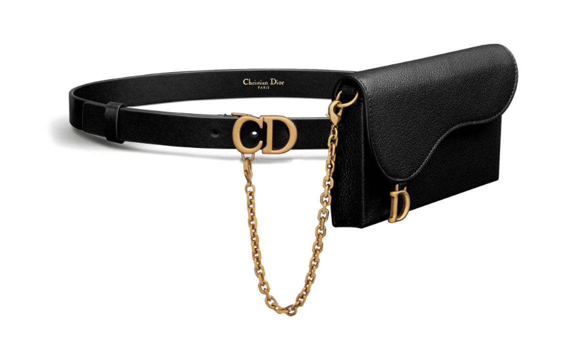 (Women) DIOR Saddle Chain Decor Detachable Pouch Leather Belt Women Black 2cm Wide B0454CWGI_M900