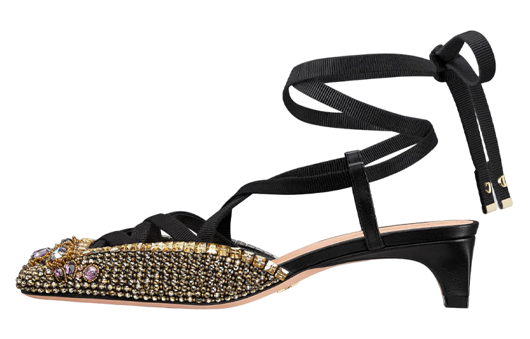 Buy (W) Escarpins Dior Satin Ornés de Cristaux Talon Épais 4cm ''Noir Or'' KCV054OVE_S65P