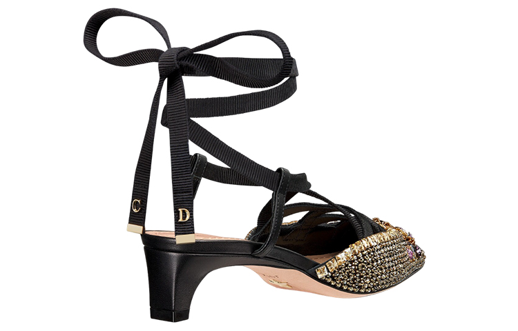 Purchase (W) Escarpins Dior Satin Ornés de Cristaux Talon Épais 4cm ''Noir Or'' KCV054OVE_S65P