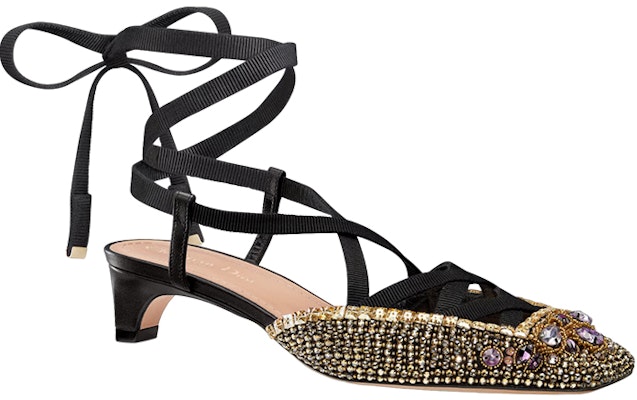(W) Dior Satin Sepatu Hak Chunky Swarovski 4cm 'Hitam Emas' KCV054OVE_S65P Order (W) Dior Satin Sepatu Hak Chunky Swarovski 4cm 'Hitam Emas' KCV054OVE_S65P