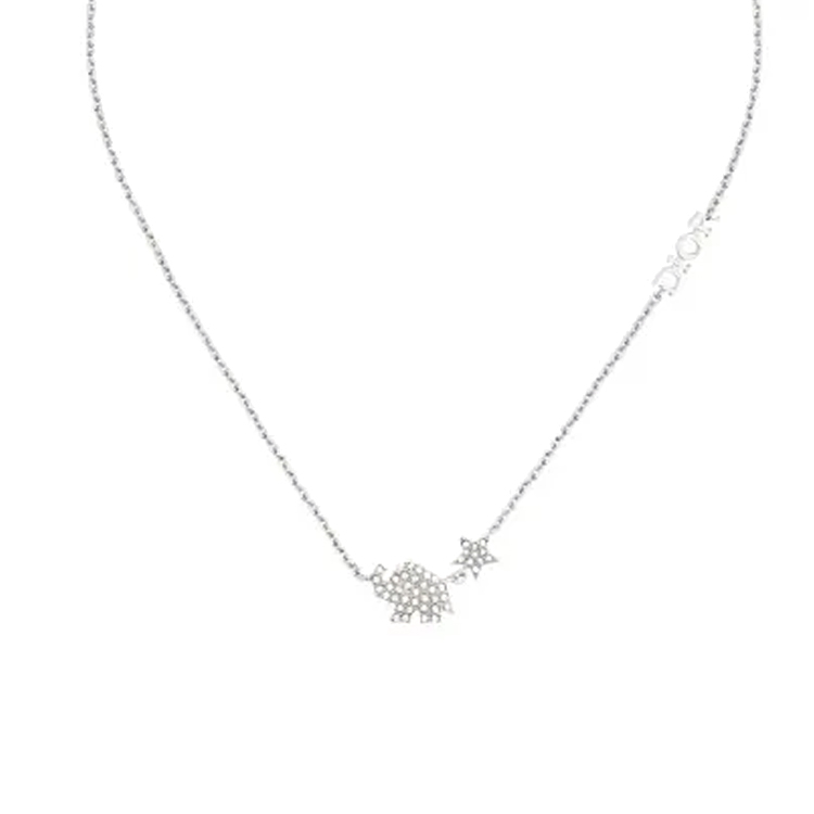 (Women) DIOR Silver Elephant Pendant Necklace with Crystal Accents for Women. N1124DBLCYD102