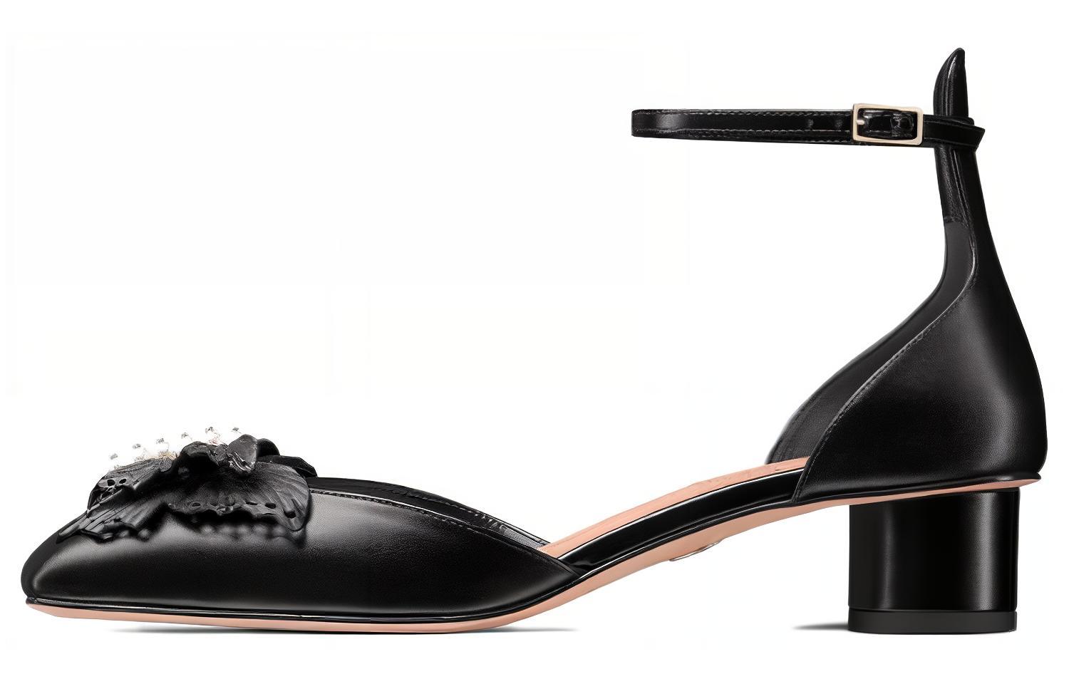 (W) Dior Square-Toe Buckle Chunky Heels 'Black'