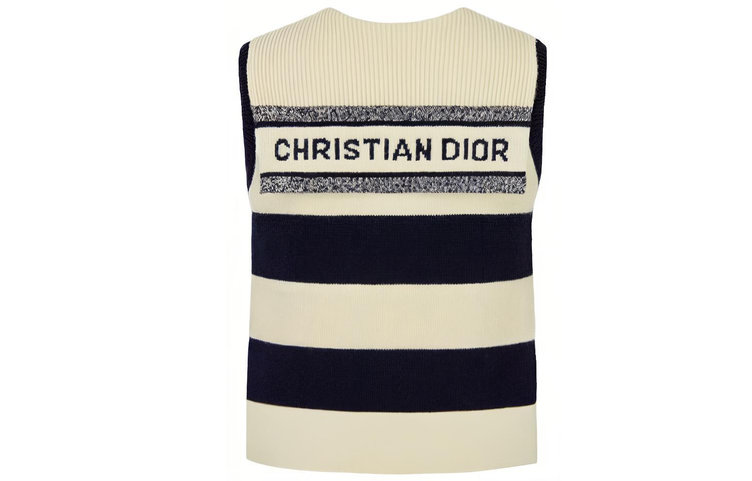Lookbook (W) 디올 SS21 크리스찬 패턴 스트라이프 민소매 울 니트 탑 우먼 오프 화이트 144T51AM318-X5802