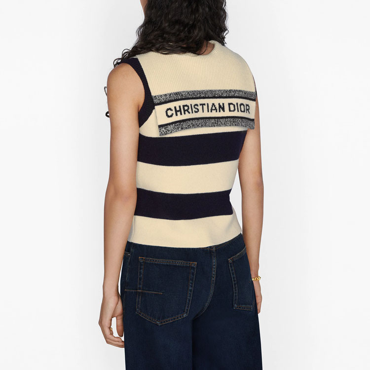 Details for (W) 디올 SS21 크리스찬 패턴 스트라이프 민소매 울 니트 탑 우먼 오프 화이트 144T51AM318-X5802
