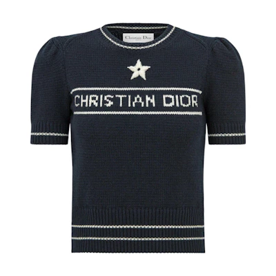 (Women) DIOR SS22 Blue Cashmere Knit Crewneck T-Shirt with Logo and Star Detail. 224S09AM308-X5800