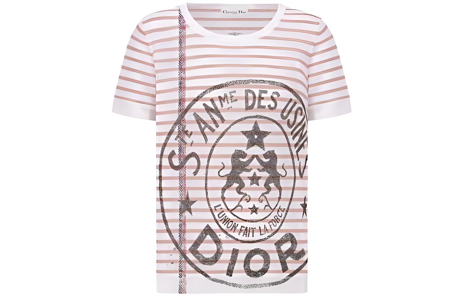 (Women) DIOR SS22  Pink Striped Logo Slim Fit Crew Neck T-Shirt Short Sleeve. 244S28AM734-X4820