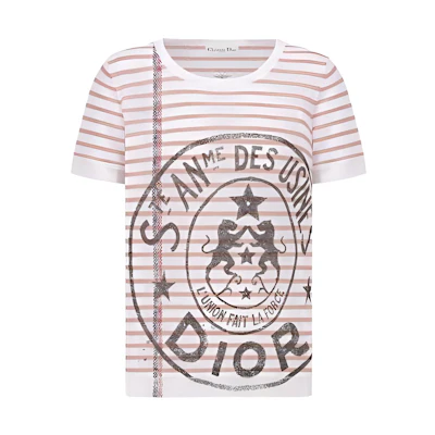 (Women) DIOR SS22 Pink Striped Logo Slim Fit Crew Neck T-Shirt Short Sleeve. 244S28AM734-X4820