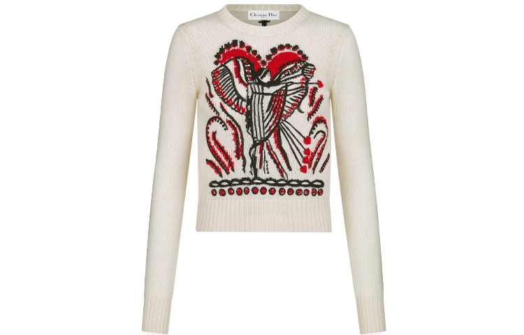 (Women) DIOR SS22  White Sweater with Multicolor Cupid Embroidery. 214S57AM004-X0898