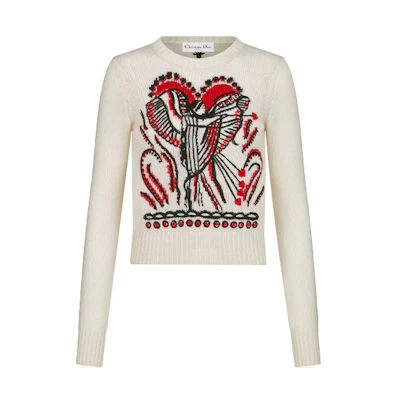 (Women) DIOR SS22 White Sweater with Multicolor Cupid Embroidery. 214S57AM004-X0898
