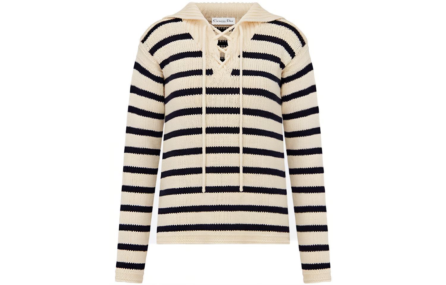 (Women) DIOR SS22 Striped Cashmere Cotton Knit Pullover Sweater - Off White. 214S27AM714-X0861