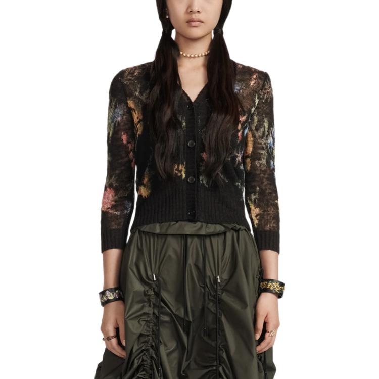 Shop (W) DIOR SS23 Kardigan Rajutan Lengan Panjang Corak Cetakan Hitam 324G04AM732-X9401