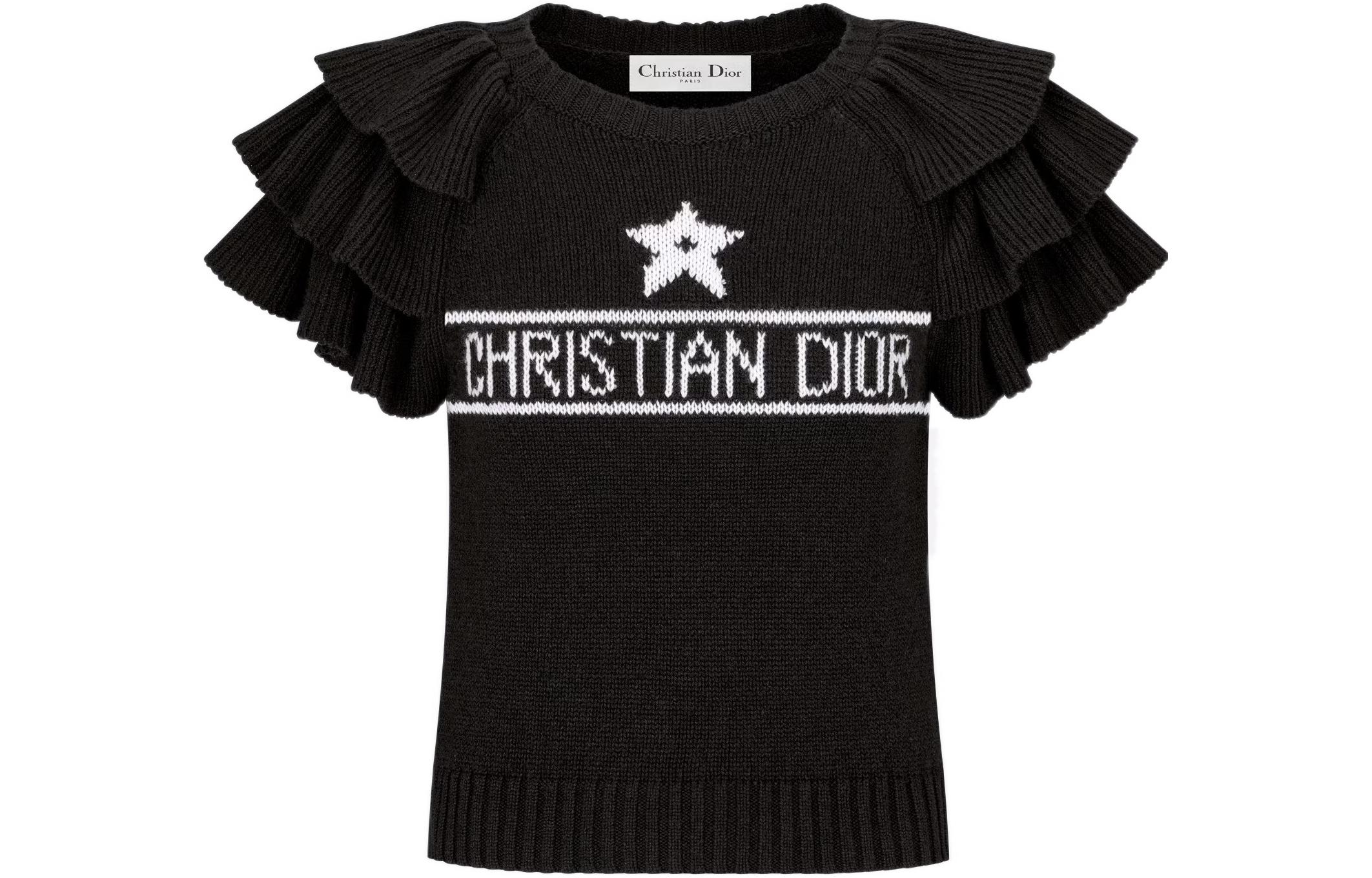 (Women) DIOR SS23  Black Ruffled Short-Sleeve Cashmere Sweater with Logo Jacquard. 324S13AM003-X9330