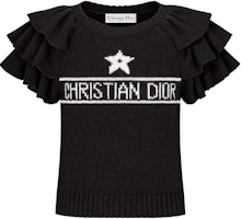 (Women) DIOR SS23 Black Ruffled Short-Sleeve Cashmere Sweater with Logo Jacquard. 324S13AM003-X9330 (Women) DIOR SS23 Black Ruffled Short-Sleeve Cashmere Sweater with Logo Jacquard. 324S13AM003-X9330