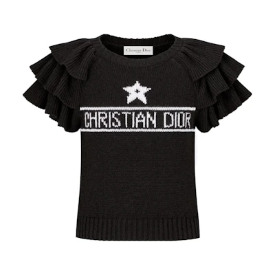 (Women) DIOR SS23 Black Ruffled Short-Sleeve Cashmere Sweater with Logo Jacquard. 324S13AM003-X9330